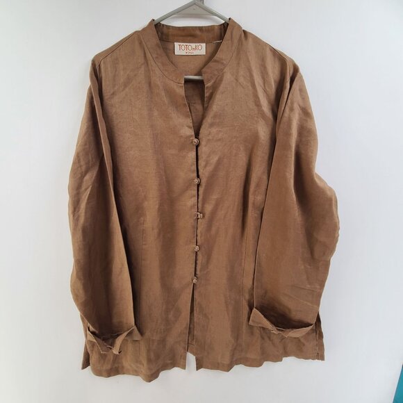 TOTOnKO  Vintage Long Sleeve Linen  Blazer Women's Size XL Brown Lagenlook Work - Picture 1 of 9